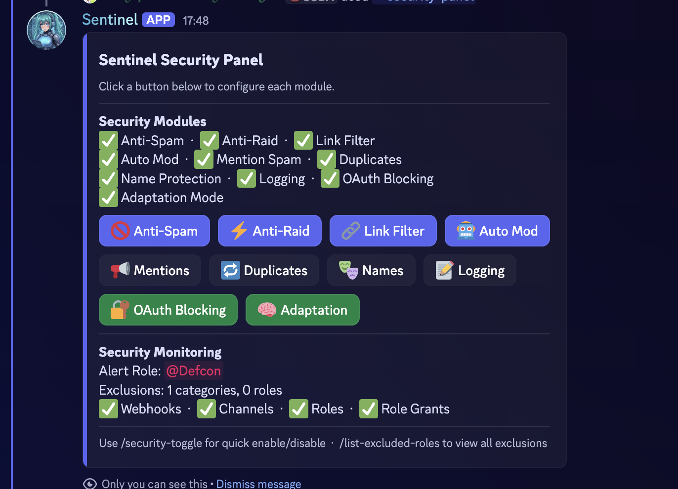 Sentinel security panel inside Discord